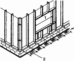 Установка вертикальных брусьев каркаса при бесшовной облицовке