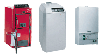 Котлы для индивидуальных котельных (слева направо: универсальный котел с дутьевой газовой горелкой; котел с атмосферной горелкой; настенный котел)