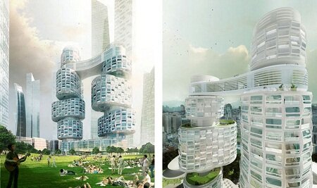 Вело башни от Asymptote увенчаны зелеными крышами и связанны СкайБриджом