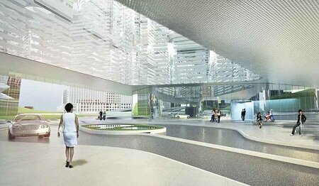 Вело башни от Asymptote увенчаны зелеными крышами и связанны СкайБриджом