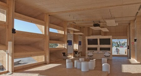 Солнечный House 2.0 павильон построен с модульных фотоэлектрических кровельных панелей.